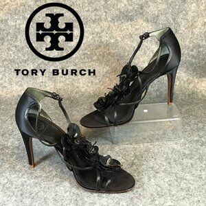Tory Burch Women's Black Satin Stiletto Emmanuel Heels Sandals Sequin Flowers